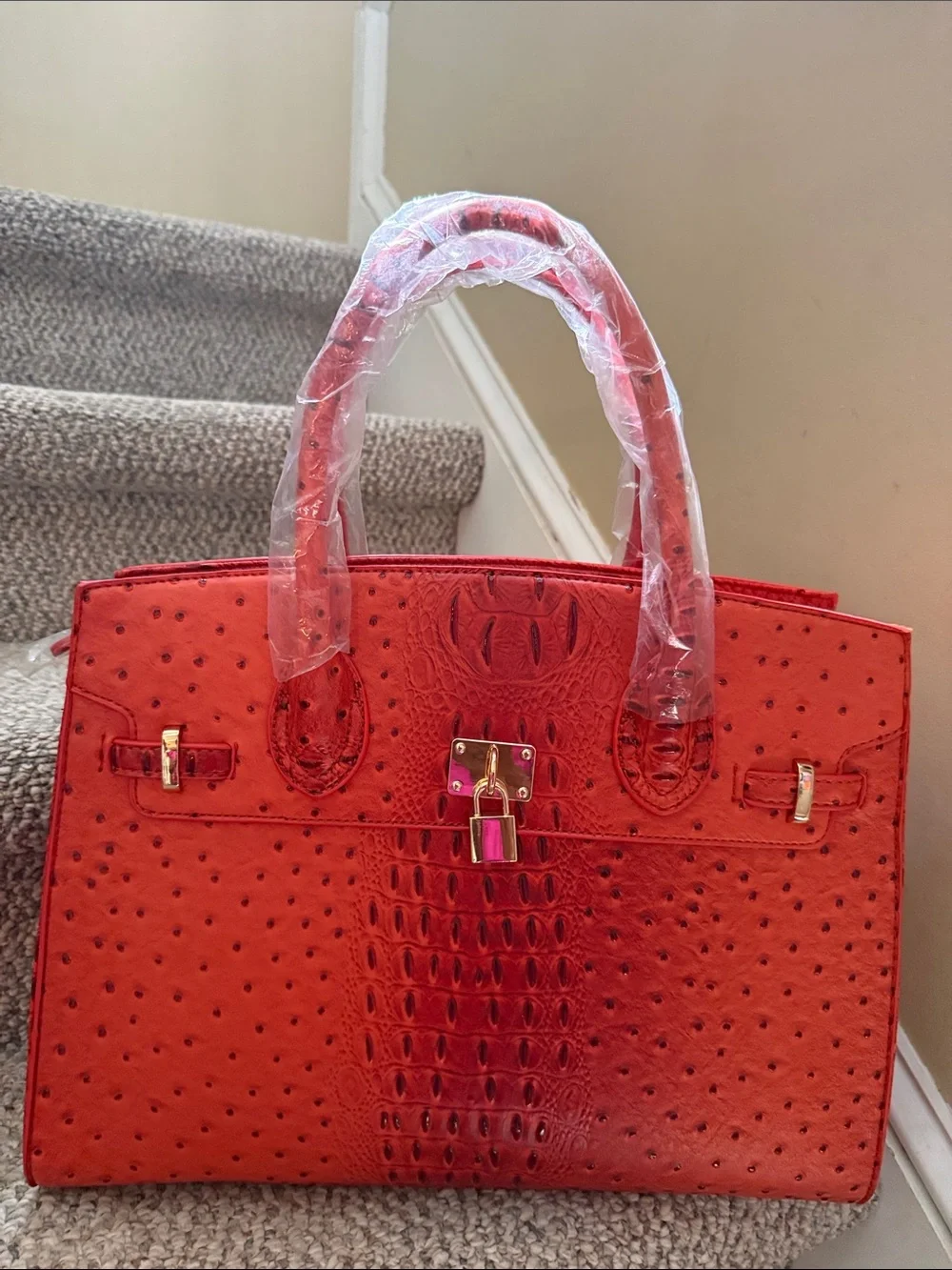 Burnt Orange Ostrich-Texture Tote & Wallet Set